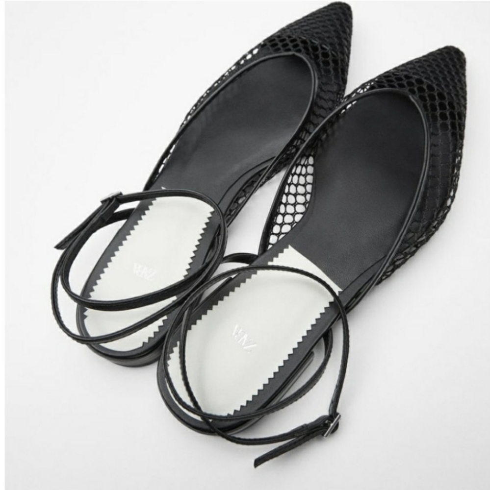Zara Fishnet mesh pointed toe black flats